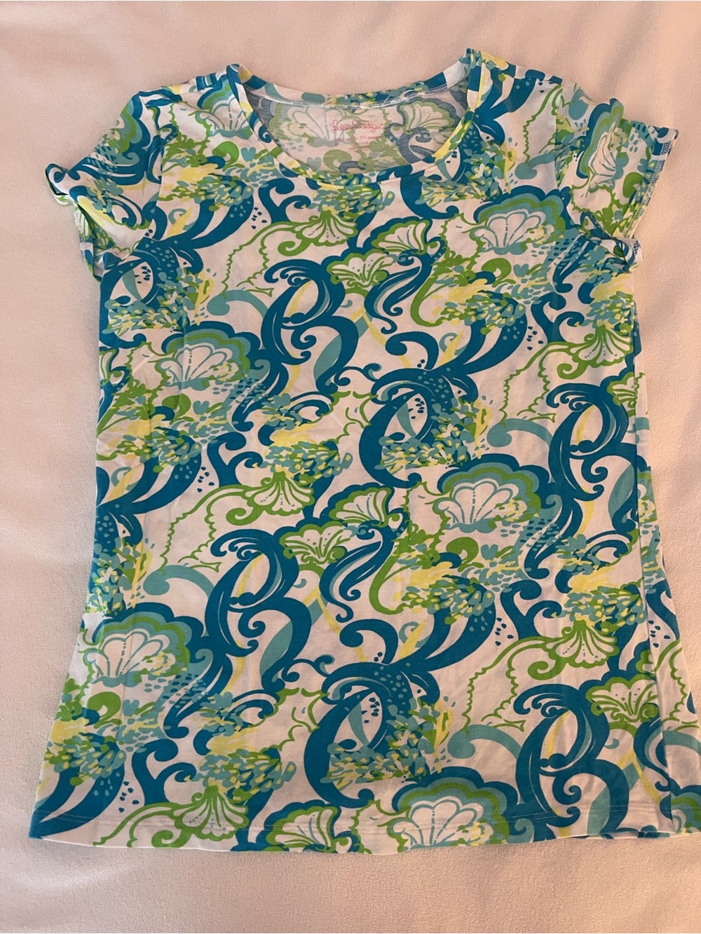 Lilly Pulitzer White Tee with Blue and Green Swirl Print